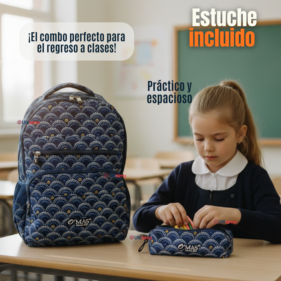 Mochila Escolar Con Estuche 46cm Poliéster Impermeable Niña Juvenil