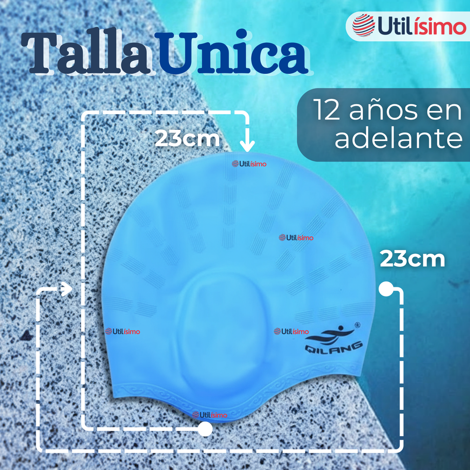 Gorro Gorra Natación Con Protector De Orejas Silicona Azul 12 años En Adelante