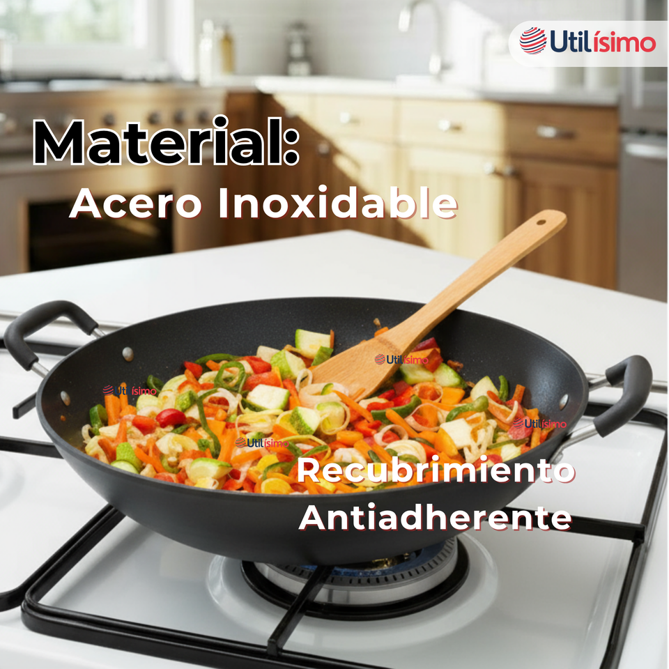 Wok Chino Acero Inoxidable Antiadherente 34cm+ Cuchara de Madera de Bambú