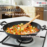Wok Chino Acero Inoxidable Antiadherente 34cm+ Cuchara de Madera de Bambú