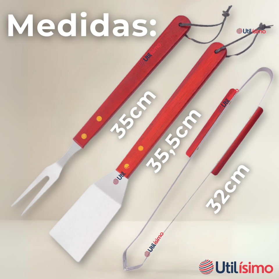 Kit Parrillero 3 Piezas Pinza Espátula Tenedor Para Asados Mango Madera Acero Inoxidable