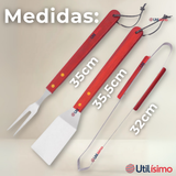 Kit Parrillero 3 Piezas Pinza Espátula Tenedor Para Asados Mango Madera Acero Inoxidable