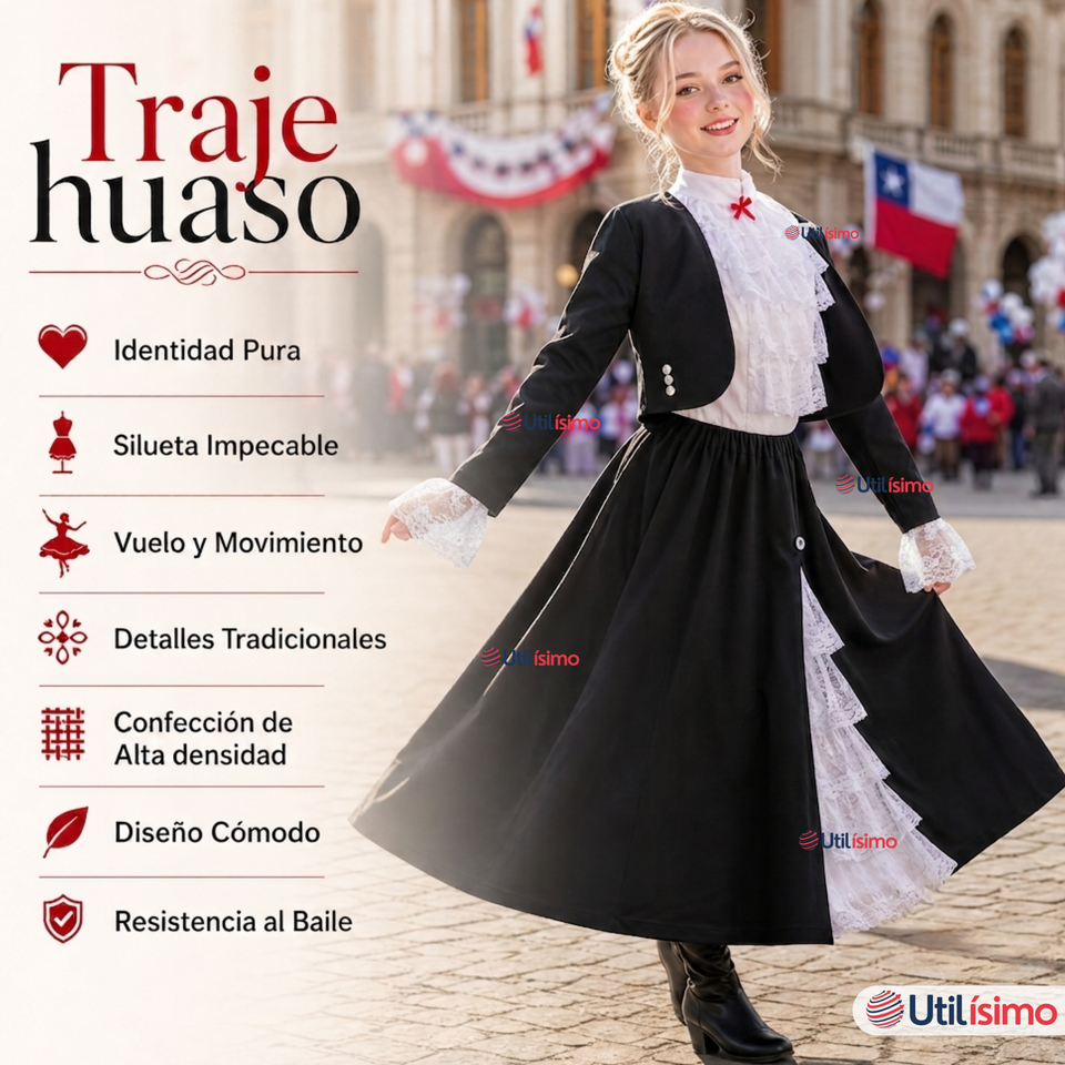 Traje Huasa Elegante Negro Juvenil Conjunto 4 Piezas Tipico Fiestas Patrias