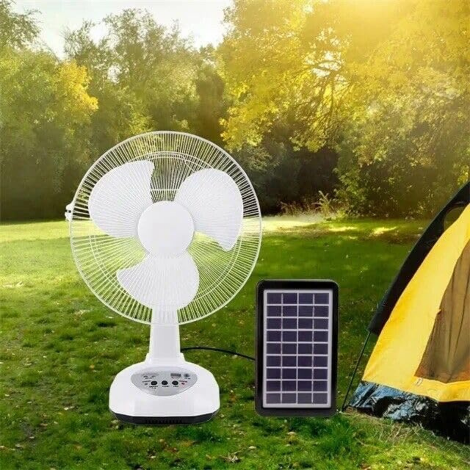Ventilador Recargable con Panel Solar Puerto USB Luz LED 2 Ampollas Gratis