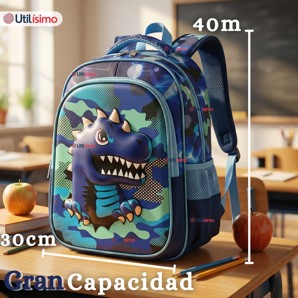 Mochila Escolar + Estuche + Lonchera 40cm Tela Oxford Azul Dinosaurio 3D Niño