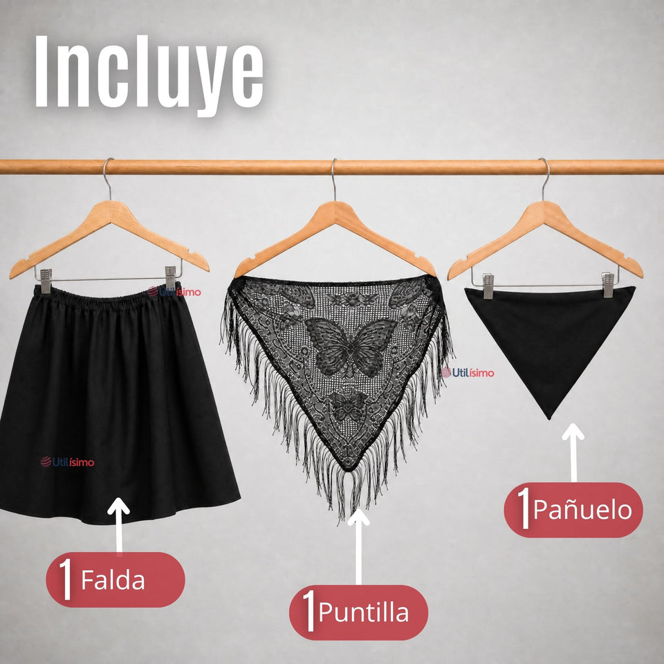 Traje Chilote Niña Negro Fiestas Patrias 3 Piezas Tradicional Chilota