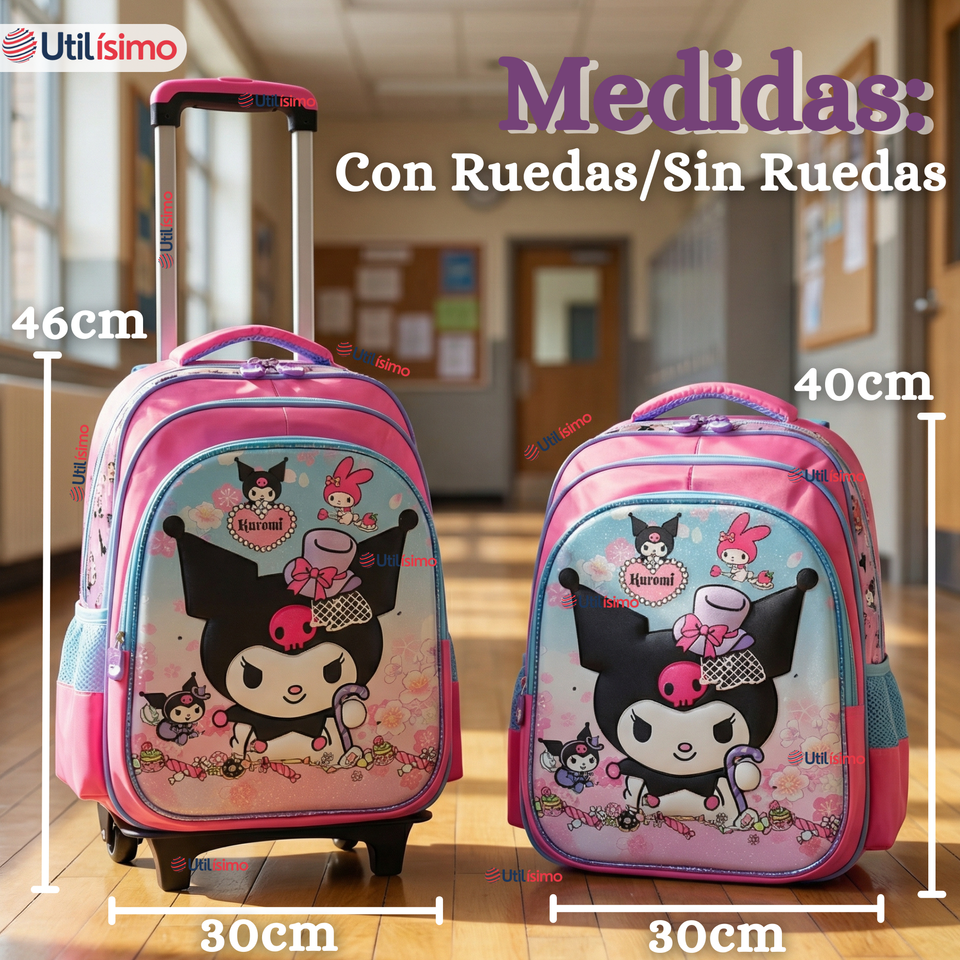 Mochila Escolar Kuromi 3D Con Ruedas Desmontable + Estuche + Lonchera Poliéster Rosa Niña