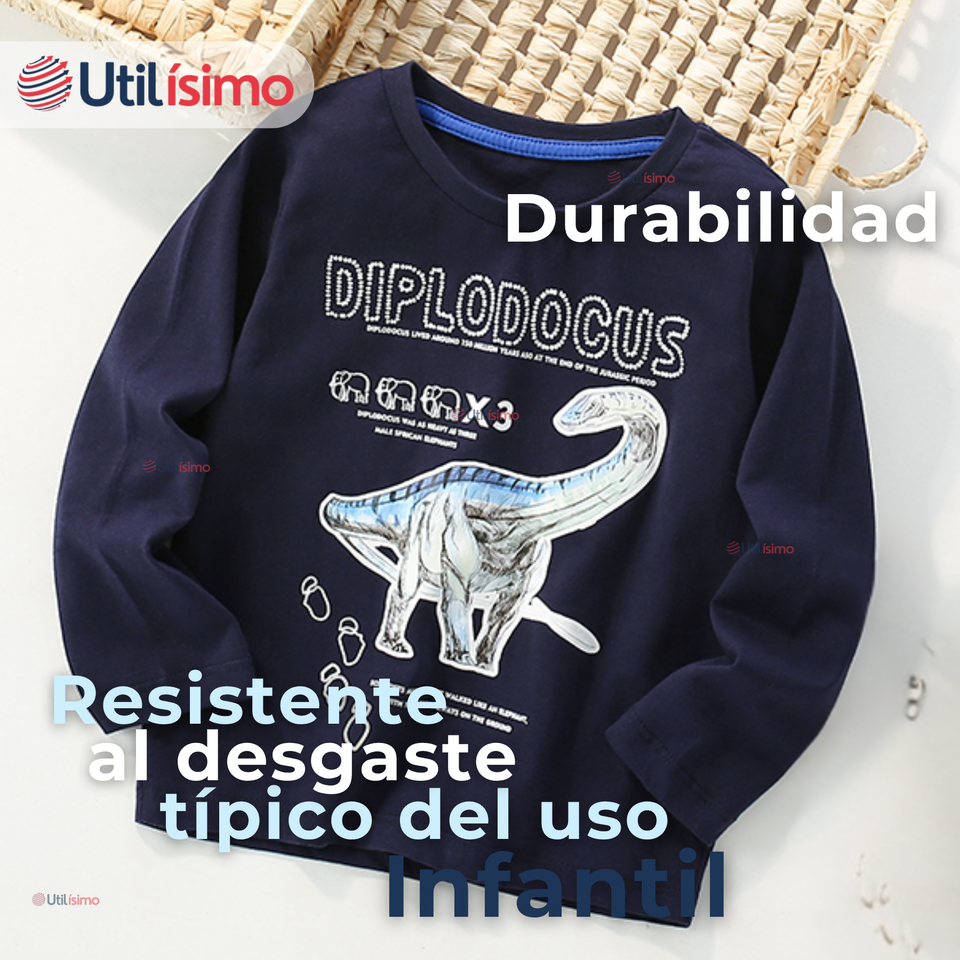 Polera Manga Larga Niño 100% Algodón Dinosaurio Azul Camiseta