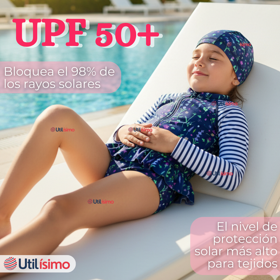 Traje de Baño Enterito Cremallera Manga Larga Con Gorro Niña 1 a 8 años Blue Flowers