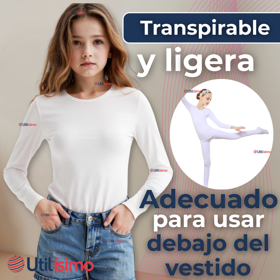 Camiseta De Panty Elástica Transpirable Manga Larga Segunda Piel Niña Nylon Blanco