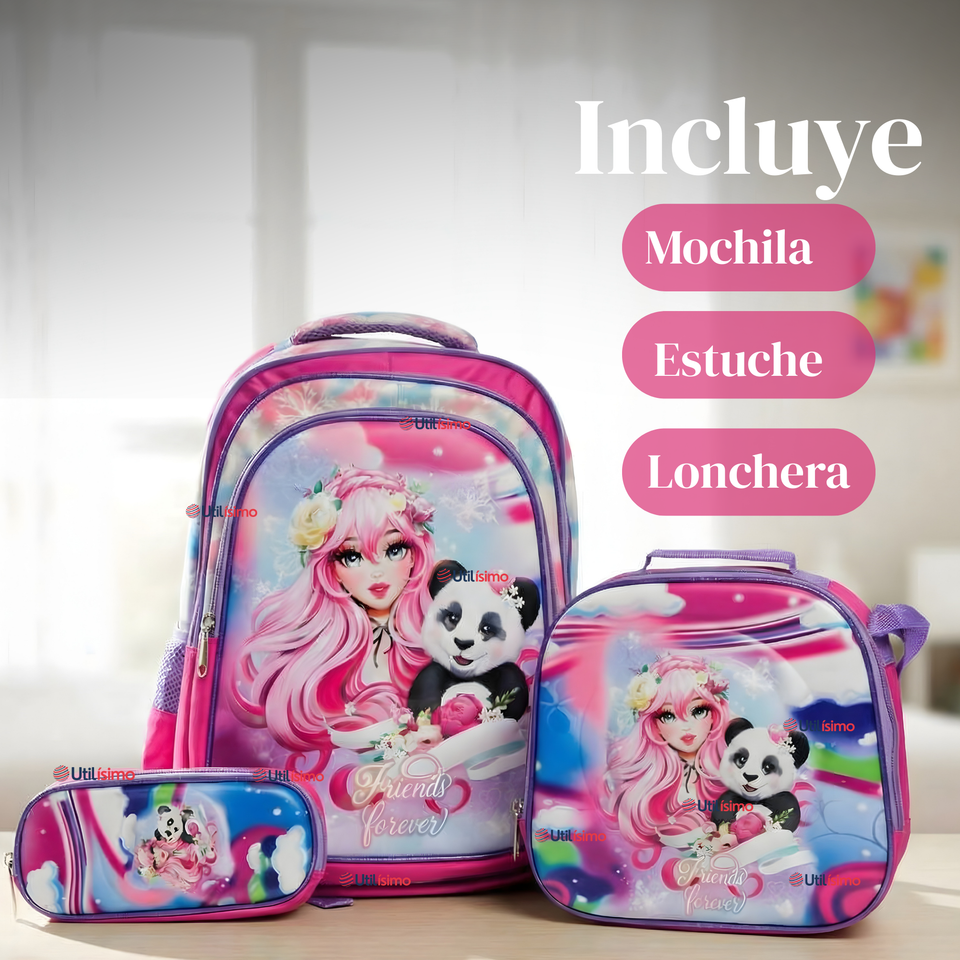 Mochila Bolso Escolar Diseño 3D + Estuche + Lonchera 40Cm Niña Tela Oxford Friends Forever