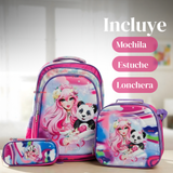 Mochila Bolso Escolar Diseño 3D + Estuche + Lonchera 40Cm Niña Tela Oxford Friends Forever