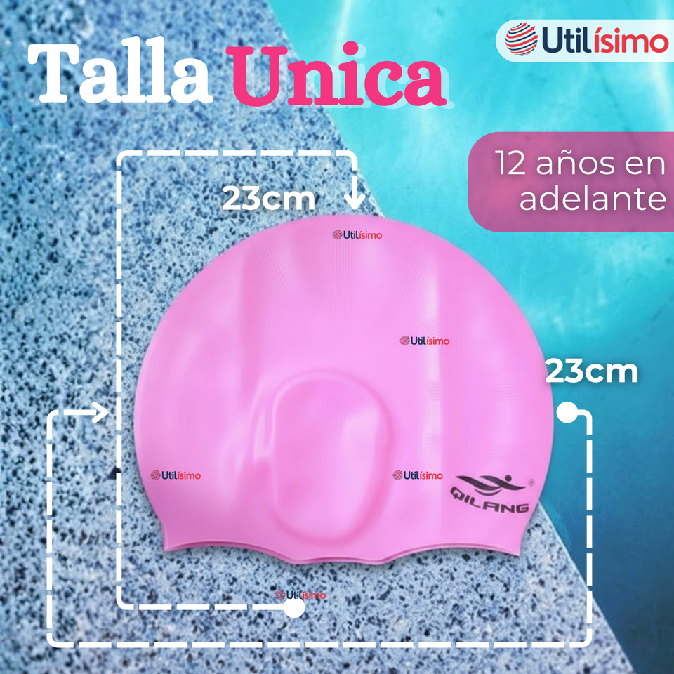 Gorro Natación Baño Con Protector De Orejas Silicona Color Rosado 12 años en adelante