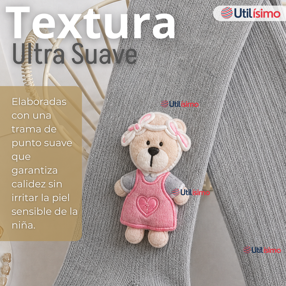 Panty 3D Osito Gris Tejida Niña Ballerina 78% Algodón Premium