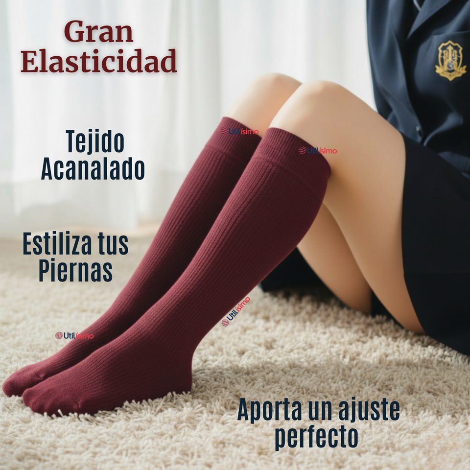 Pack 6 Calcetínes Escolares Largo Acrílico Burdeo Niñas Juvenil Color Vino