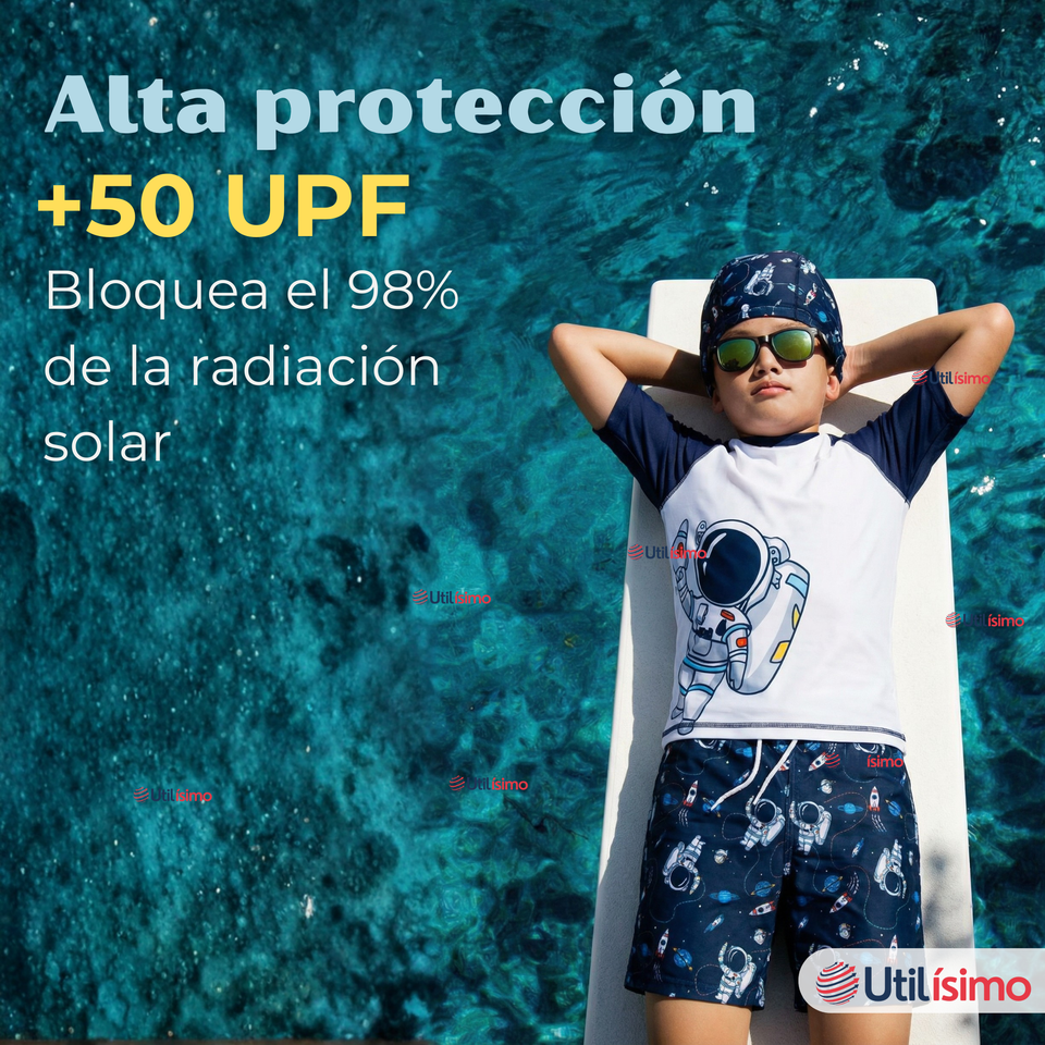 Traje De Baño 2 Piezas Con Gorro Niño 4 a 14 Años Protección Completa Astronaut