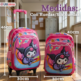 Mochila Escolar Kuromi 3D Con Ruedas Desmontable + Estuche + Lonchera Poliéster Rosa Niña