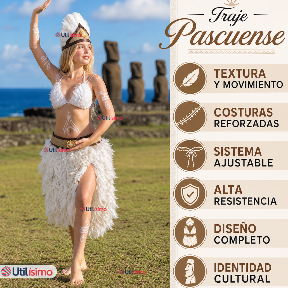 Traje Pascuense Típico Blanco Con Plumas 3 Piezas Juvenil Rapa Nui Fiestas Patrias