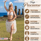 Traje Pascuense Típico Blanco Con Plumas 3 Piezas Juvenil Rapa Nui Fiestas Patrias
