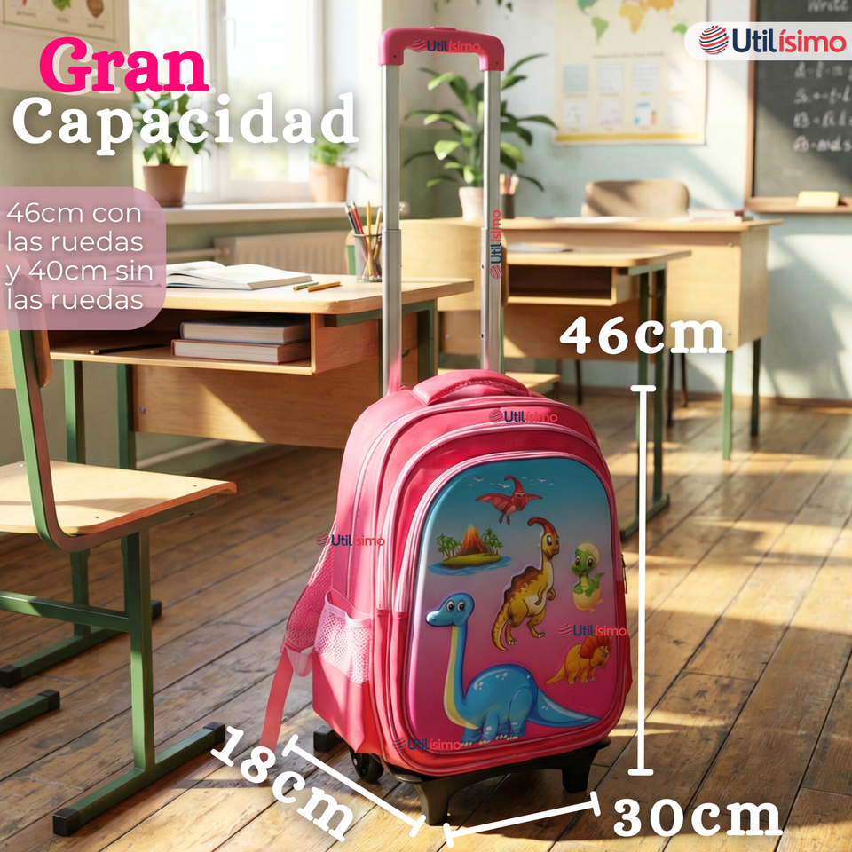 Mochila Escolar Con Ruedas + Estuche + Lonchera 46cm Desmontable Poliéster Rosa Dinosaurio Niña