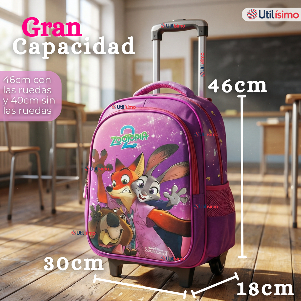 Mochila Escolar Con Ruedas + Estuche + Lonchera 46cm Desmontable Poliéster Fucsia Zootopia Niña