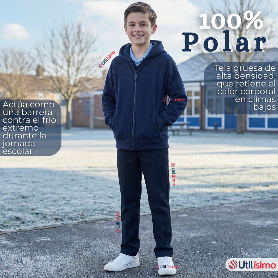 Polerón Escolar Polar Con Capucha Niño Unisex Azul 5 a 12 años