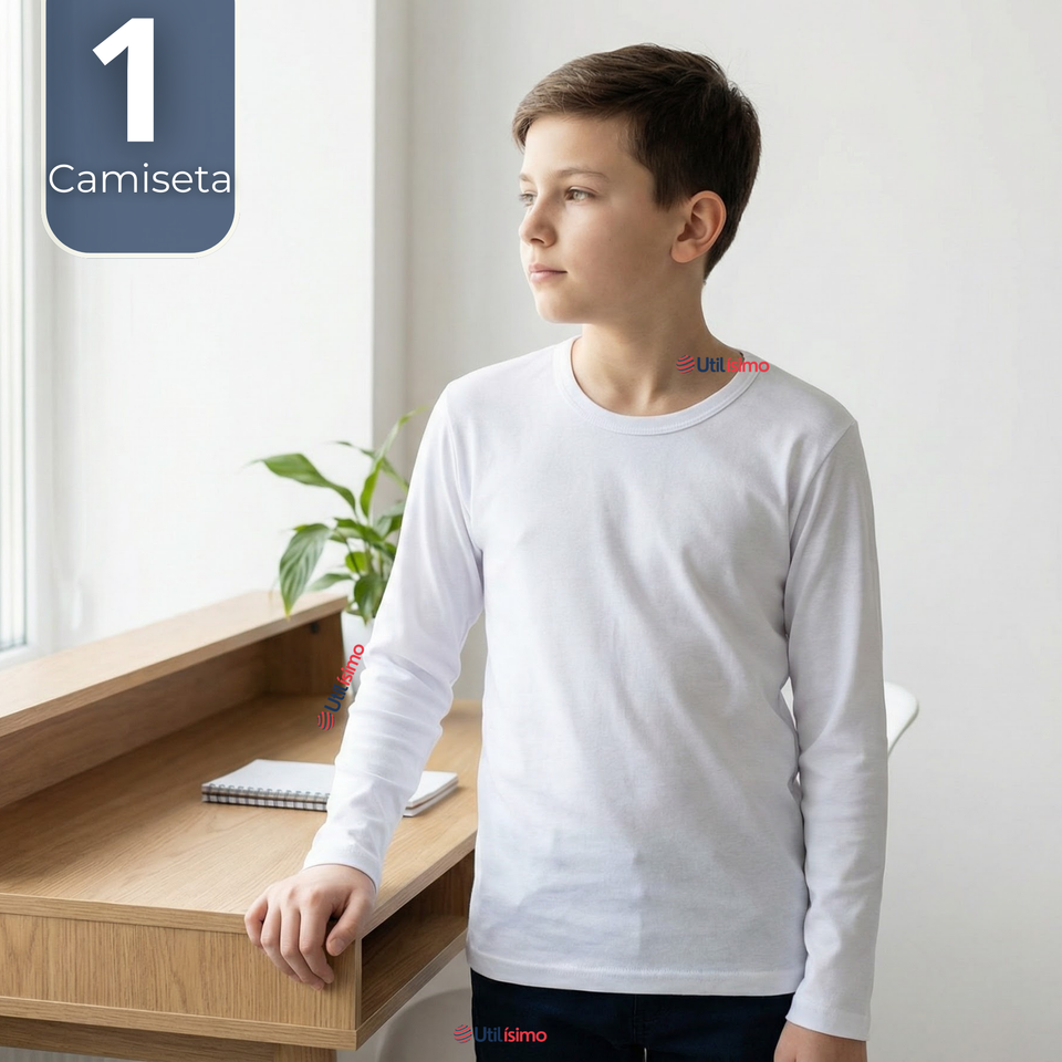 Camiseta Algodón Manga Larga Polera Primera Capa Blanco Niño