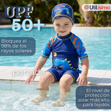 Traje de Baño Enterito Cremallera Manga Corta Con Gorro Niño 2 a 4 años Blue Dinosaur
