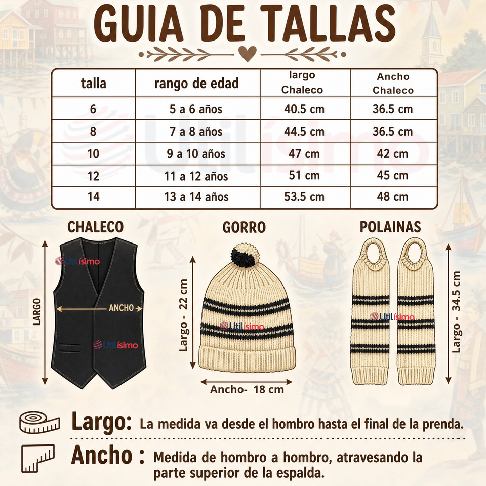 Vestimenta Chilote 3 Piezas Chaleco Gorro Polainas Niño Fiestas Patrias