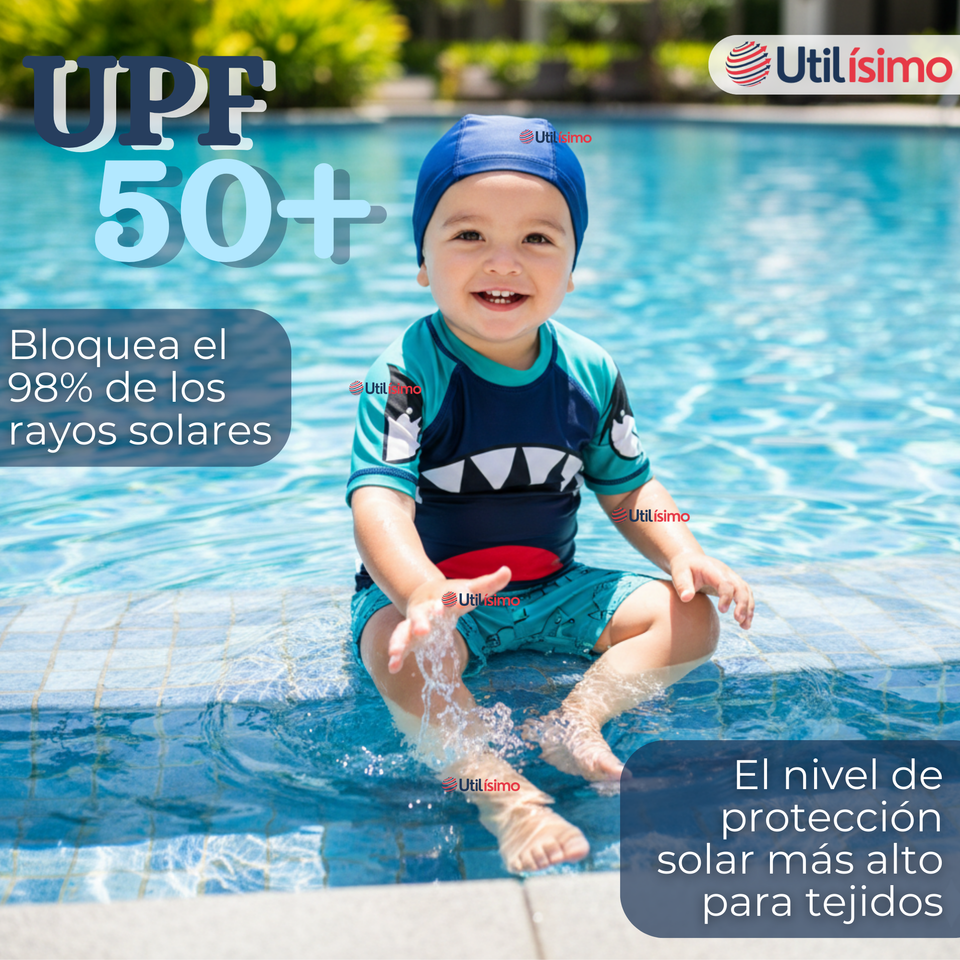 Traje de Baño Con Gorro Pantalón Corto Manga Corta 3 Piezas Corte Split Niño 2 a 8 años Blue Shark