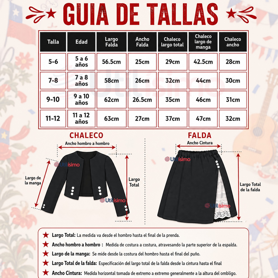 Traje Huasa Elegante NIña Conjunto 7 Piezas Tipico Fiestas Patrias
