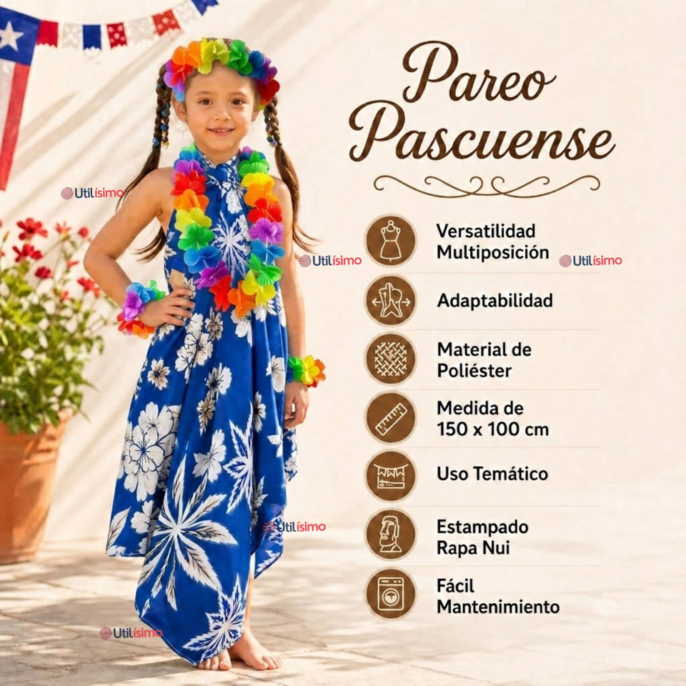 Pack 3 Trajes Páscuense Pareo Hawaiano Azul Niña Con Accesorios