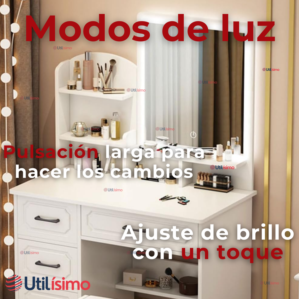 Tocador De Lujo Espejo Con Luz Integrada 4 Cajones MDF Blanco 137x80x48cm