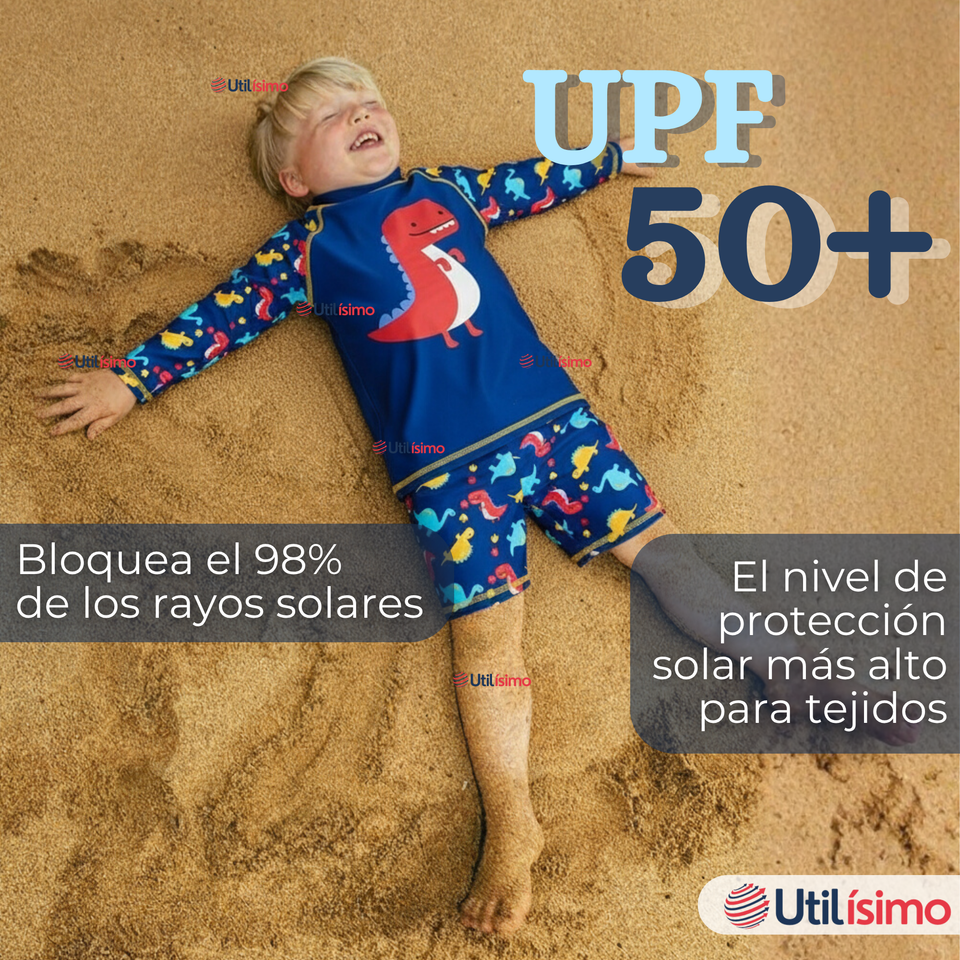Traje de Baño Manga Larga Pantalón Corto 2 Piezas Corte Split Niño 3 a 9 años Blue Dinosaur