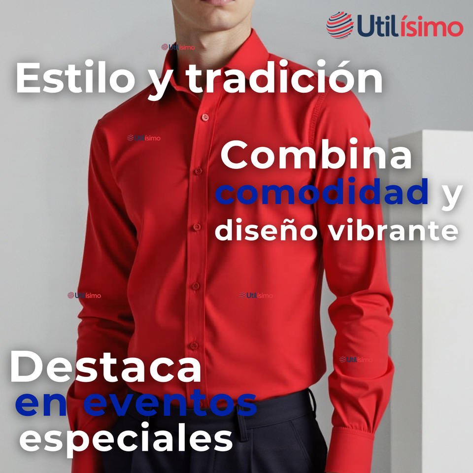 Camisa Casual De Vestir Manga Larga Cuello Americano 100% Algodón Rojo