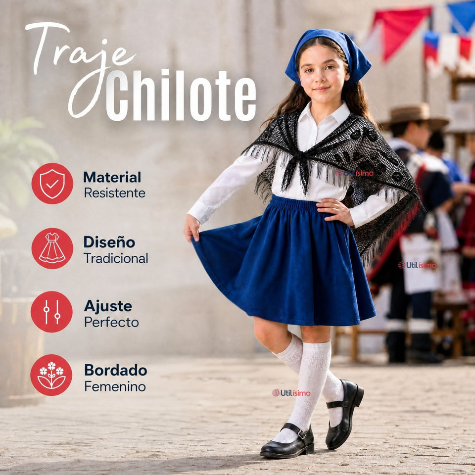 Traje Chilote Juvenil Azul Fiestas Patrias 3 Piezas Tradicional Chilota