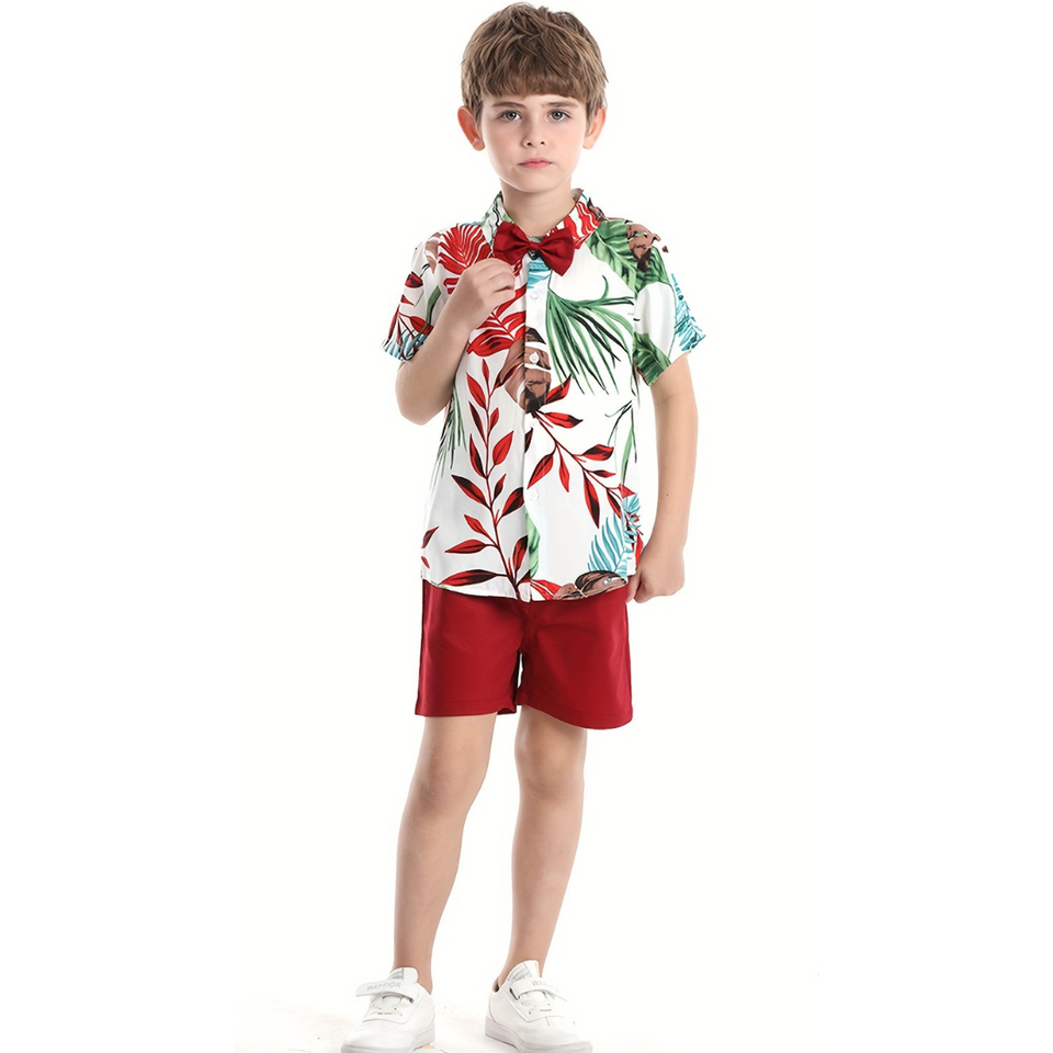 Conjunto de Vestir Hawaiano Manga Corta Niño  1 a 5 Años Rojo Hawaiano