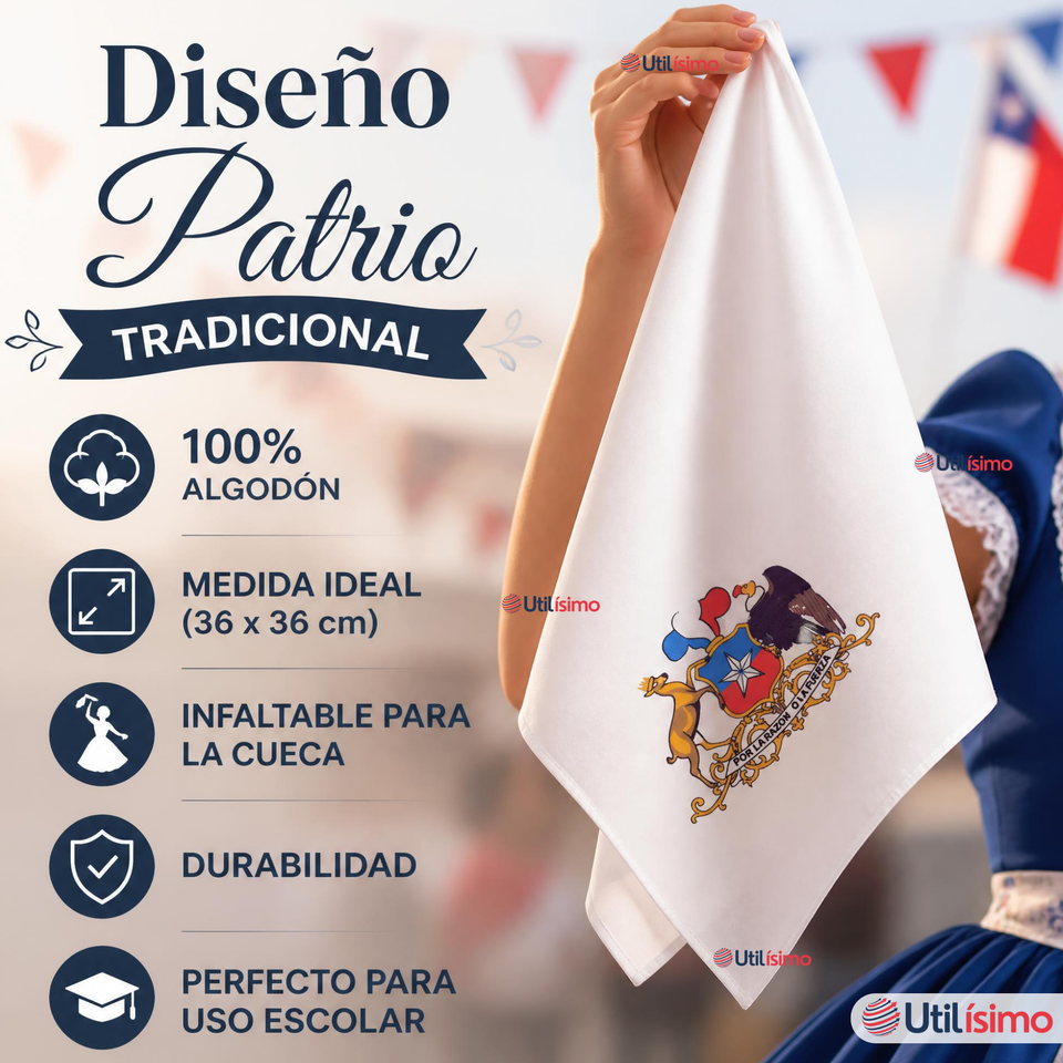 Pack 6 Pañuelos Baile Cueca 36cm Bordado Escudo Chileno Algodón Fiestas Patrias