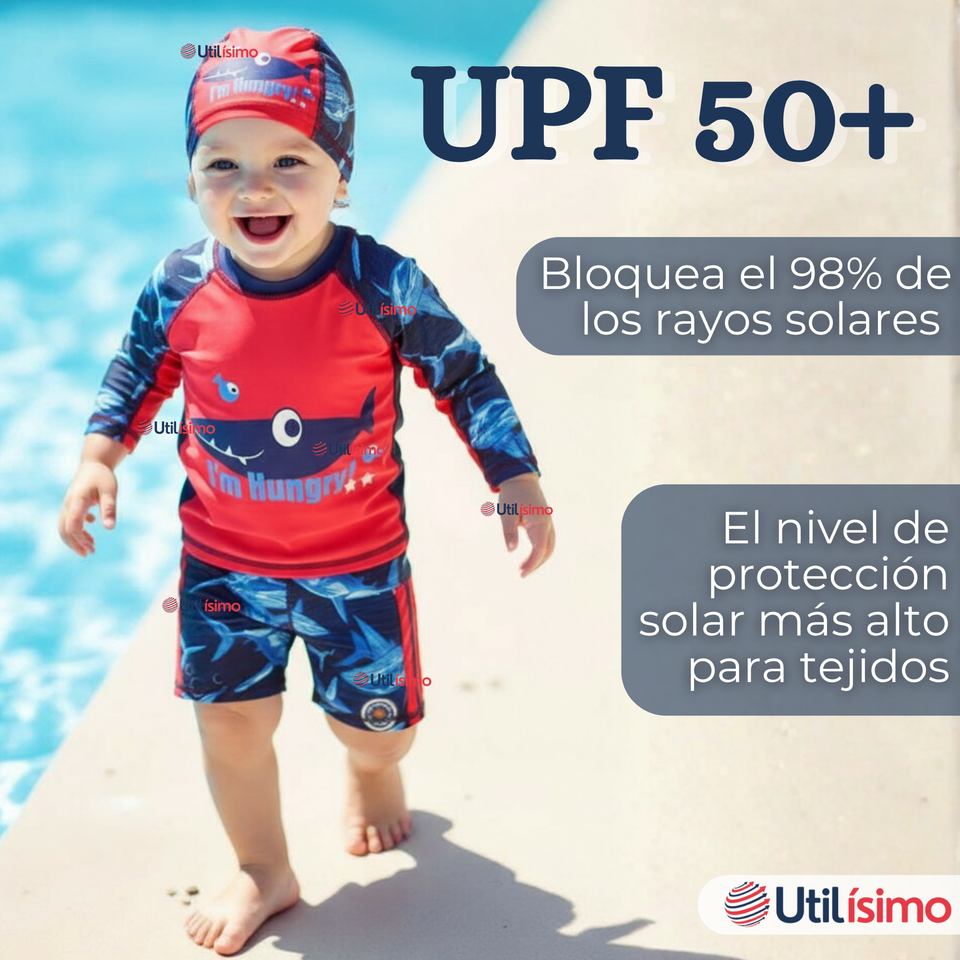 Traje de Baño Con Gorro Pantalón Corto Manga Larga 3 Piezas Corte Split Niño 1 a 5 años Red Whale