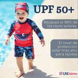 Traje de Baño Con Gorro Pantalón Corto Manga Larga 3 Piezas Corte Split Niño 1 a 5 años Red Whale