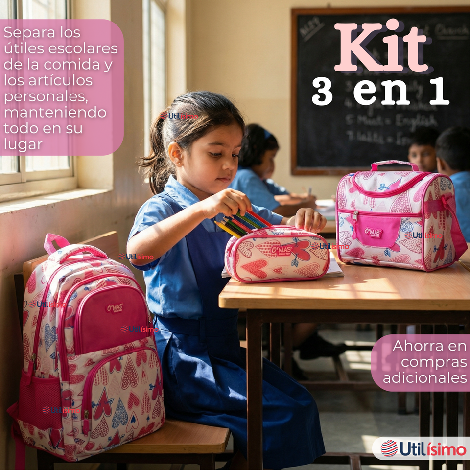 Mochila Escolar + Estuche + Lonchera 43cm Tela Oxford Rosa Corazones Niña