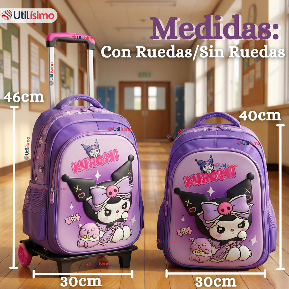 Mochila Escolar Kuromi 3D Con Ruedas Desmontable + Estuche + Lonchera Poliéster Morado Niña