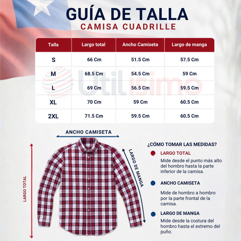 Camisa Huaso Cuadrillé Cuadro Manga Larga 100% Algodón Azul Blanco Casual