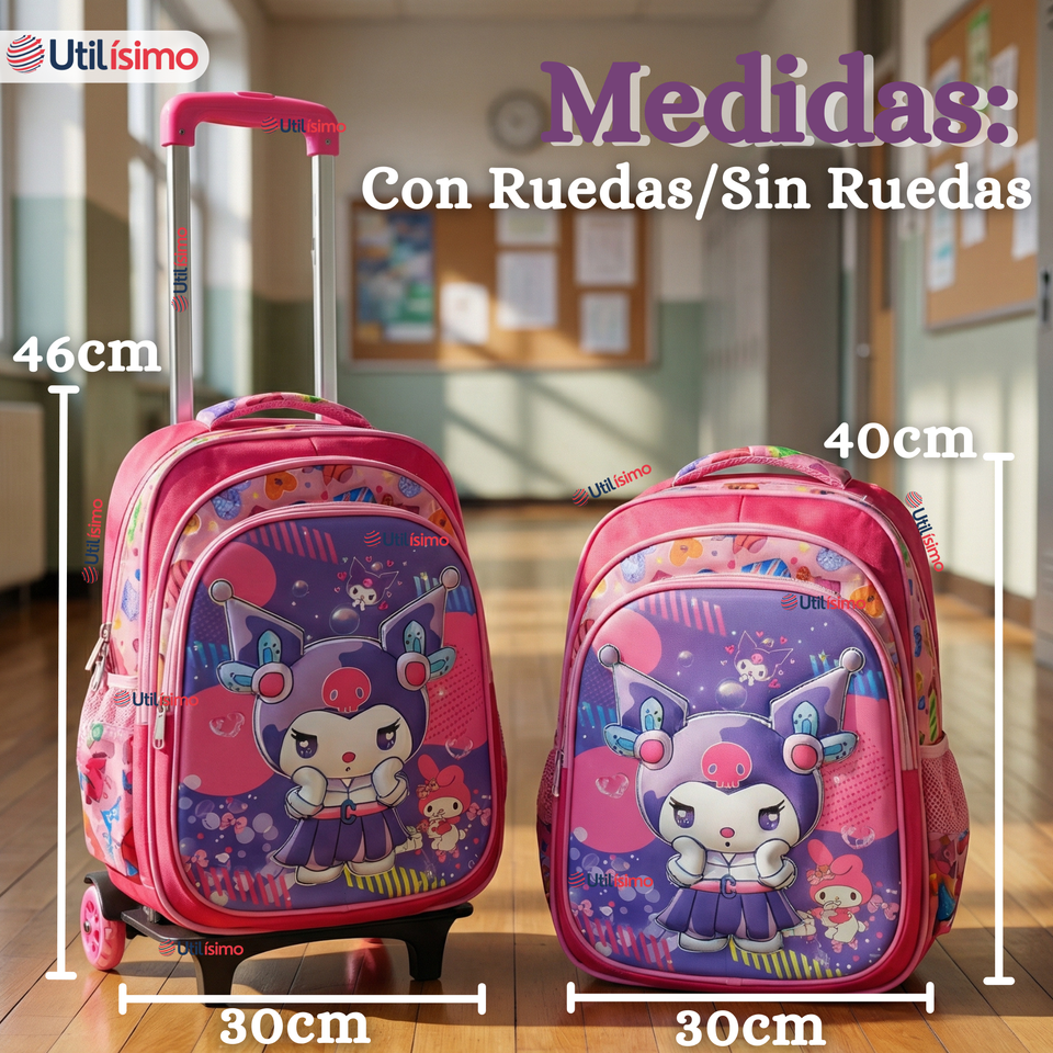 Mochila Escolar Kuromi 3D Con Ruedas Desmontable + Estuche + Lonchera Poliéster Rosa Niña
