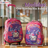 Mochila Escolar Kuromi 3D Con Ruedas Desmontable + Estuche + Lonchera Poliéster Rosa Niña