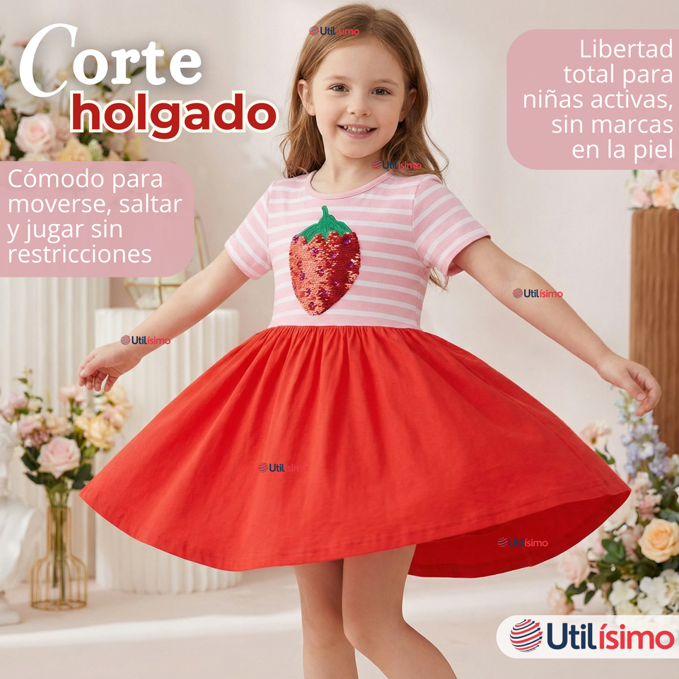 Vestido Manga Corta Casual Rosado Fresa Verano Niña 2 a 7 años