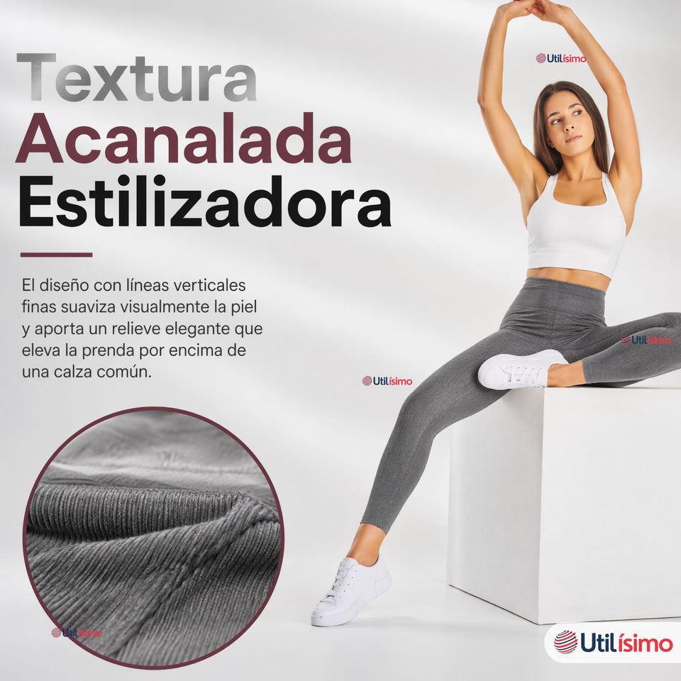 Calza Acanalada Cotelé Polar Con Chiporro Térmica Mujer Elásticada Gris Melange