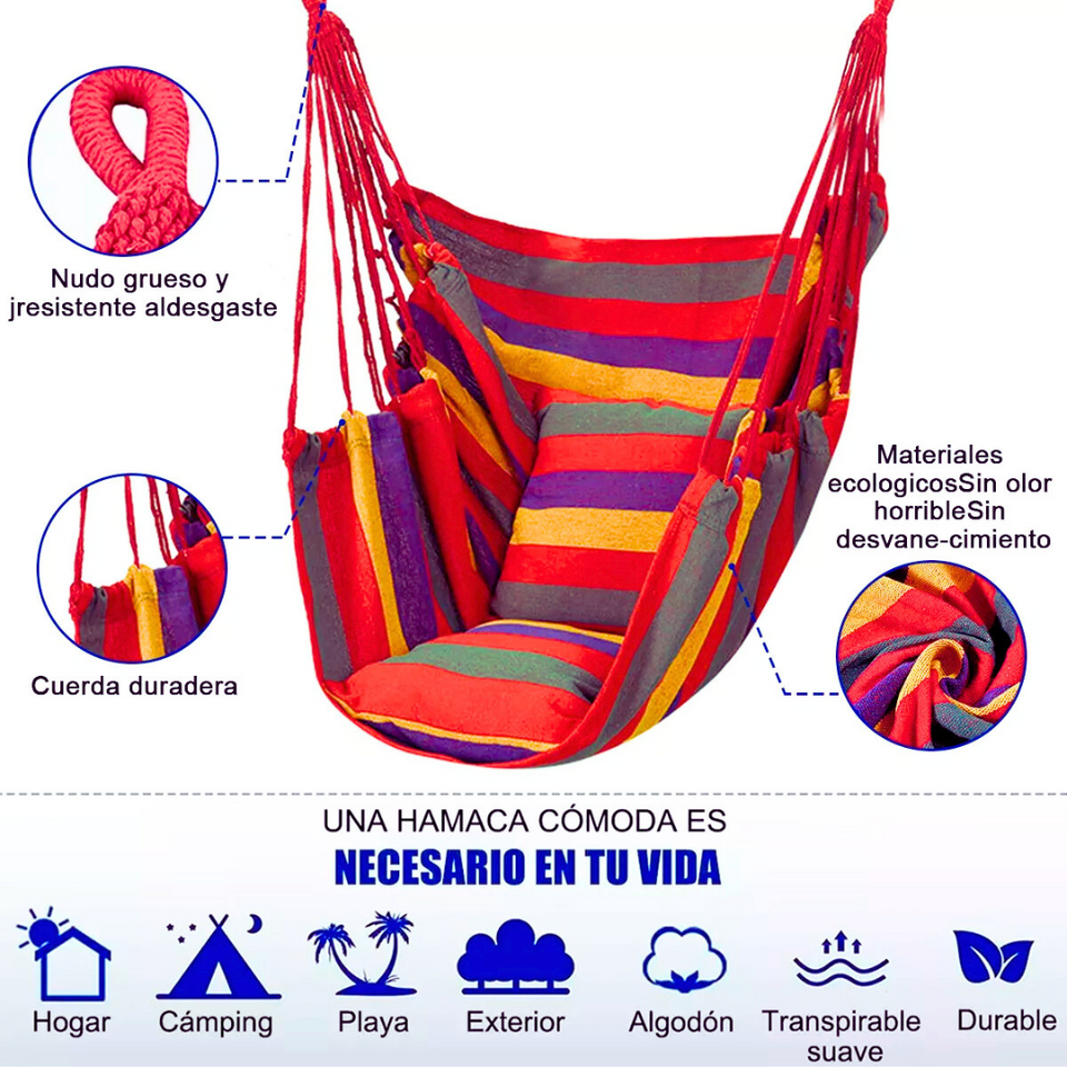 Silla Hamaca Colgante Columpio Con Dos Almohadas Para Jardin Rojo Arcoriris