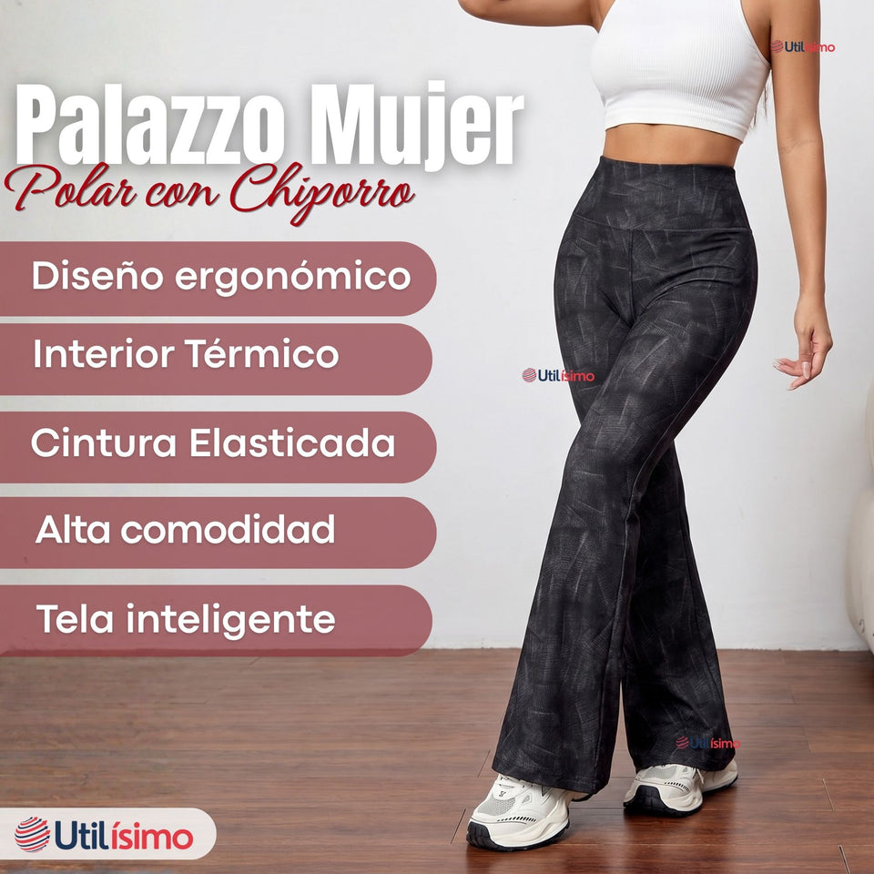 Calza Polar Con Chiporro Palazzo Mujer Elasticada Térmica Negra
