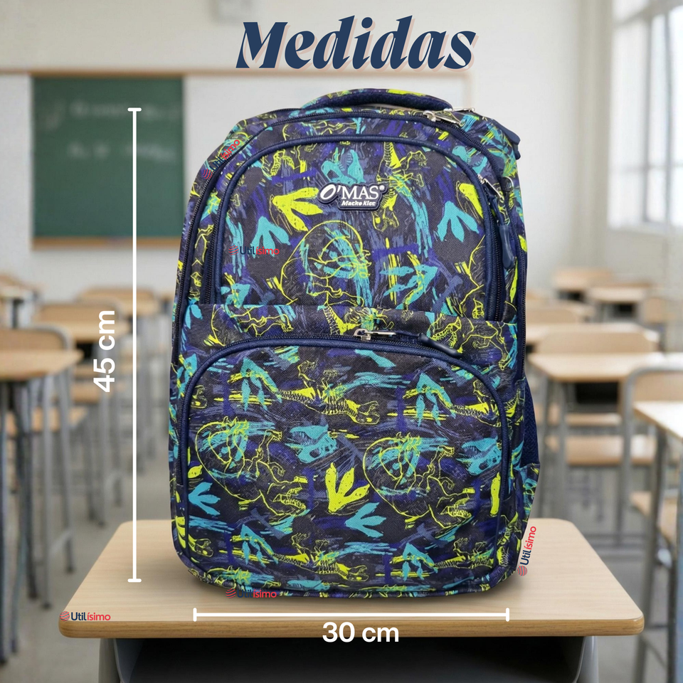 Mochila Bolso Escolar + Lonchera + Estuche 45Cm Niño Tela Oxford Blue Dinosaur